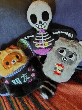 NWT BarkBox Halloween Dog Toy Lot of 3-Rickie Raccoon, Tanuki Tamiko&Barry Bones
